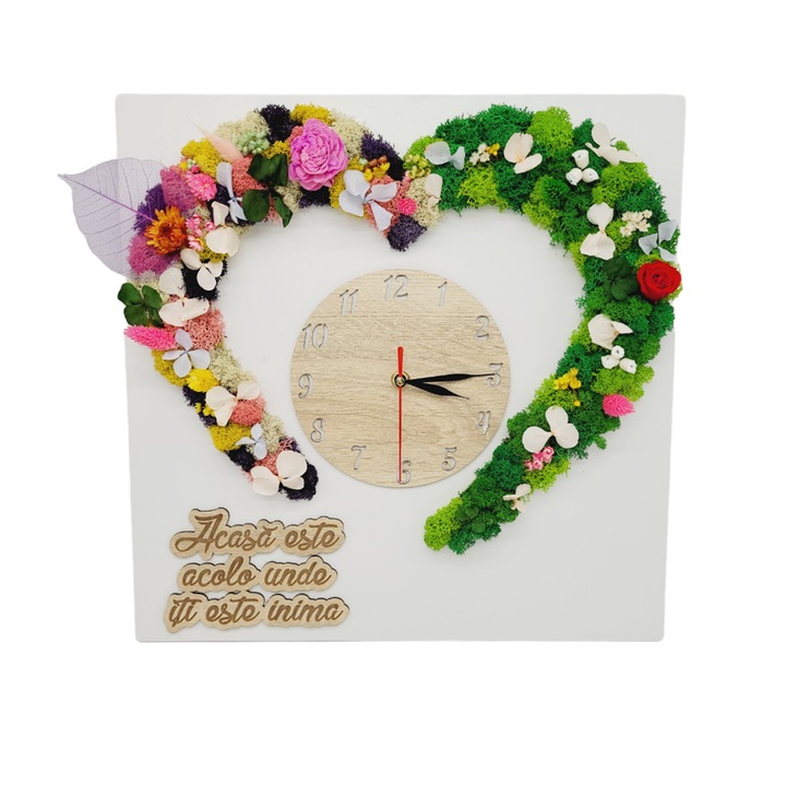 Ceas inima "Acasa", decorat cu licheni si flori stabilizate, 40x40 cm, Lemn, Model bardollino