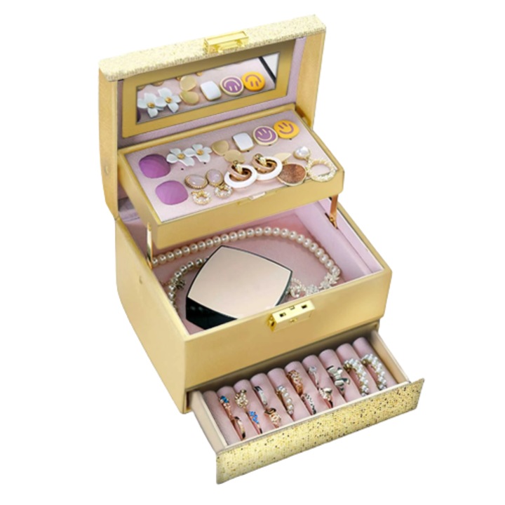 DacEnergy© ékszerdoboz, műbőrből, hordozó fogantyúval, fülbevaló és gyűrű tárolására alkalmas hellyel, tükörrel, arany csillogó felülettel