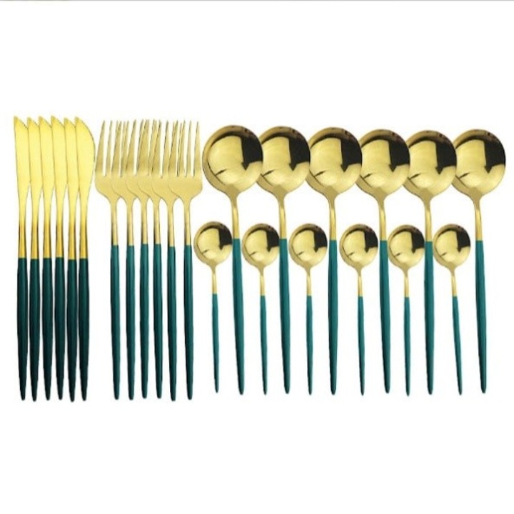 Set Tacamuri EDAR 24 Piese Stil Portughez, Otel Inoxidabil, Finisaj Lucios, Verde/Auriu