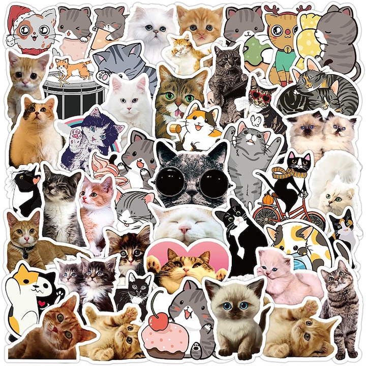 Set Stickere 54 bucati Waterproof Pvc, Pisicute - Cute Cats, 5 cm
