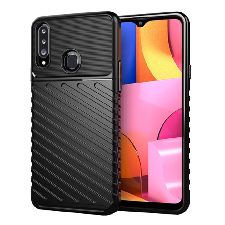 Protector de telefon din silicon (rezistent mediu la impact, cu dungi, model convex) NEGRU [Samsung Galaxy A20s (SM-A207F)] (5996457928071)