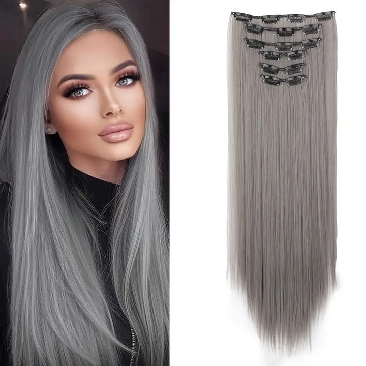 Extensii par GRI / Silver, drepte, 16 clipsuri, 57 cm, Animis Beauty ®, fibra sintetica cu aspect natural