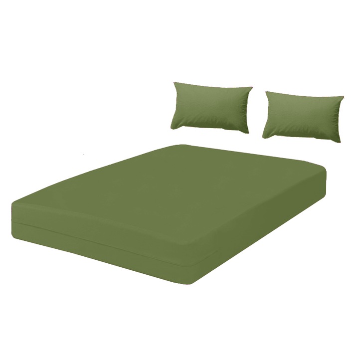 Комплект спално бельо от 3 части Квадратен метър, състоящ се от памучен калъф с цип за матрак 100/190 и 2 калъфки за възглавници, обикновен армейски зелен