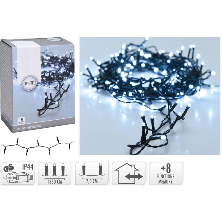 Instalatie Craciun, 180 LED-uri, 1350 cm, lumina rece, 8 functii, exterior