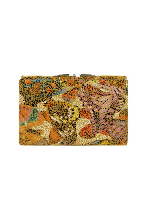 Portofel de dama, Stefania, Edith, Piele naturala, Imprimeu fluturi, 120 x 80 x 25 mm, Maro deschis