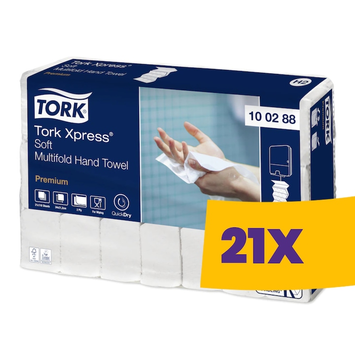Prosop hartie Tork Xpress 100288, 2 straturi, 110 foi/pachet, 21 pachete/bax, alb