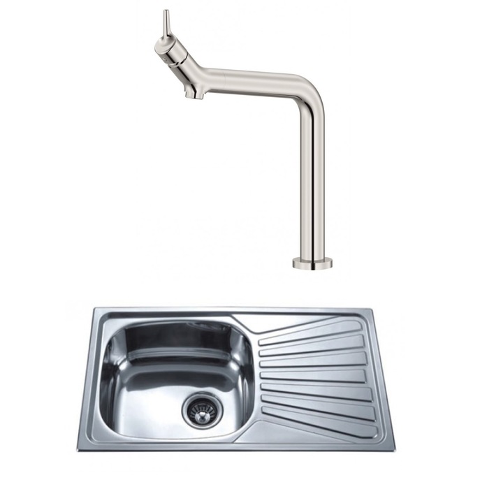 Set chiuveta bucatarie, Inter Ceramic, Kitchen Line ICF 7163475C, Incorporat, Cu blat dreapta, 78 x 43.5 cm, 2 piese, Crom