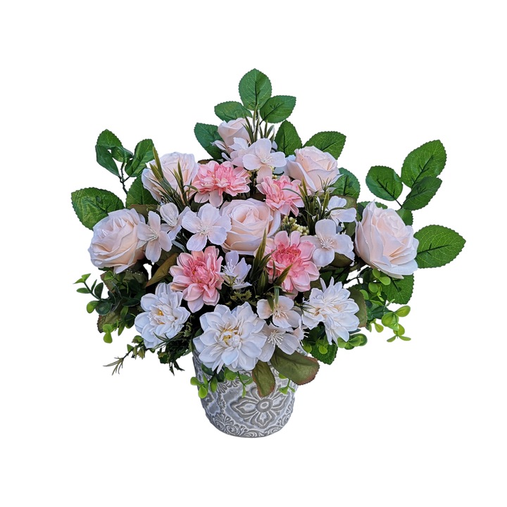 Aranjament floral din flori artificiale realizat in vas din piatra, DADY, cu trandafiri crem si dalii roz, 40x40x25 cm