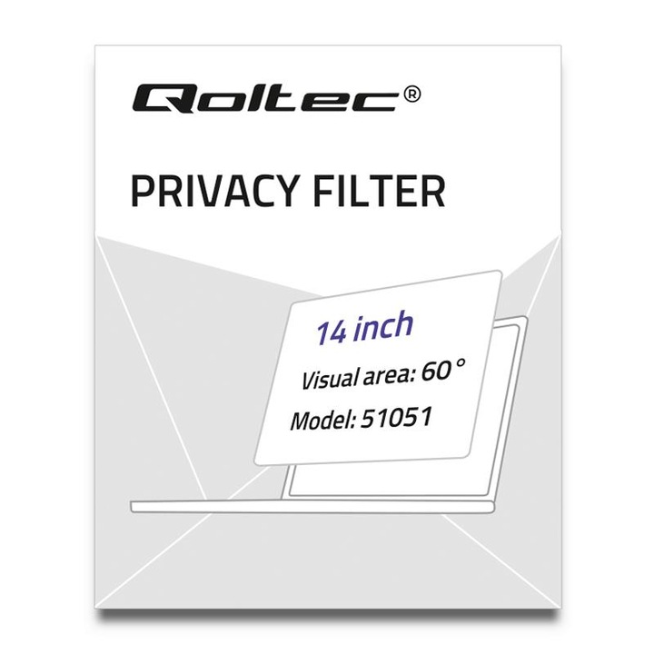 Filtru de Confidentialitate Premium Qoltec 51051, Diagonala 14 Inch, Format 16:9, Protectie Avansata a Datelor, Unghi Vizualizare Limitat, Anti-Reflexie, Montare Usoara, Ideal Birou si Lucru Mobil, Confidentialitate Garantata