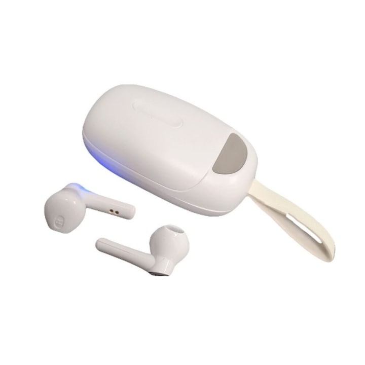 Casti Bluetooth EDAR 5.0, Microfon dual apel HD, display LED Inteligent, wireless, cutie pentru incarcare, albe