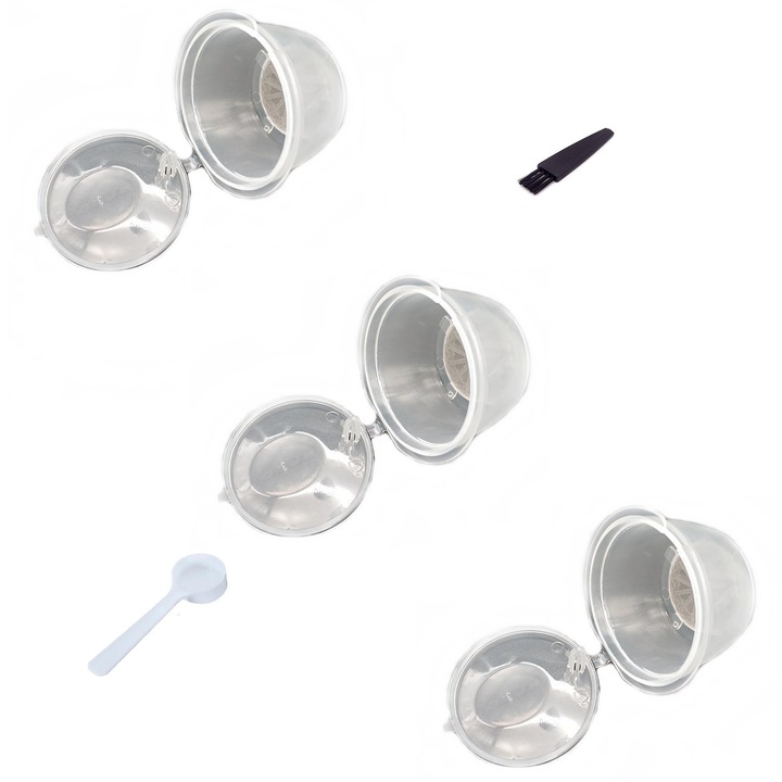 Set 3 Capsule cafea, reutilizabile, reincarcabile, compatibile Dolce Gusto, transparente, cu periuta si lingurita