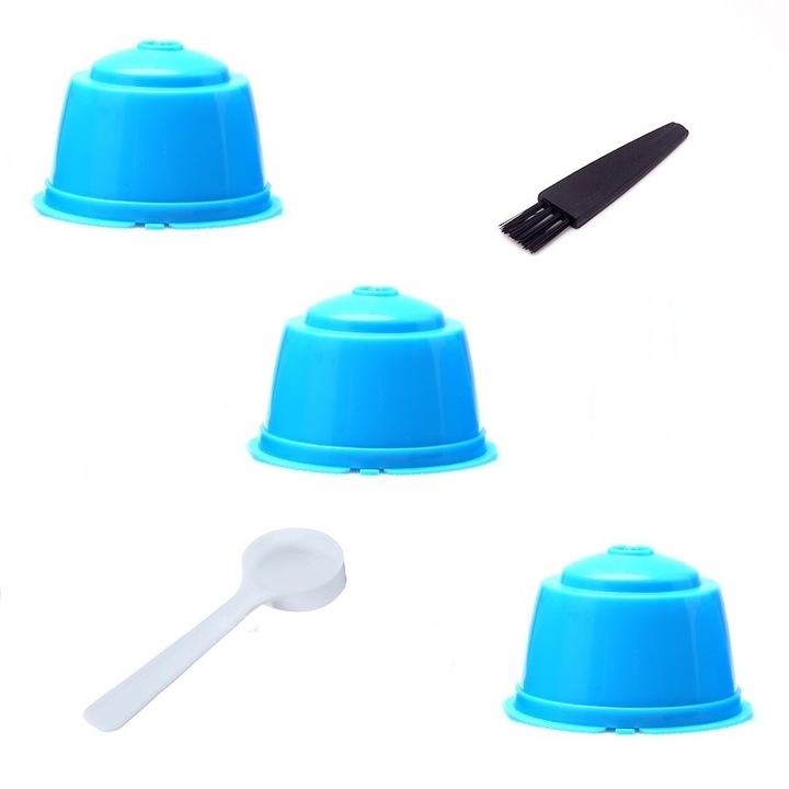 Комплект от 3 кафе капсули, за многократна употреба, за многократно пълнене, съвместими с Dolce Gusto, светлосини, с четка и лъжица