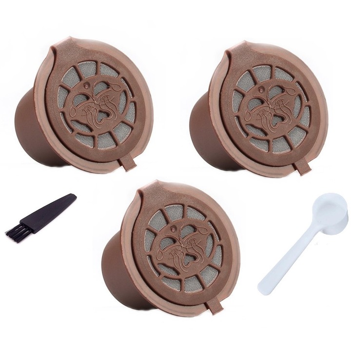 Set 3 Capsule cafea compatibil Nespresso, reincarcabila/lavabila, capac maro/argintiu, Inox/plastic, culoare maro, cu periuta si lingurita