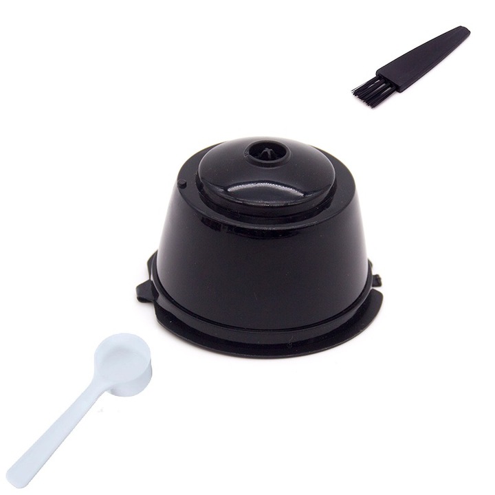 Капсула за кафе, за многократна употреба, за многократно пълнене, съвместима с Dolce Gusto, черна, с четка и лъжица