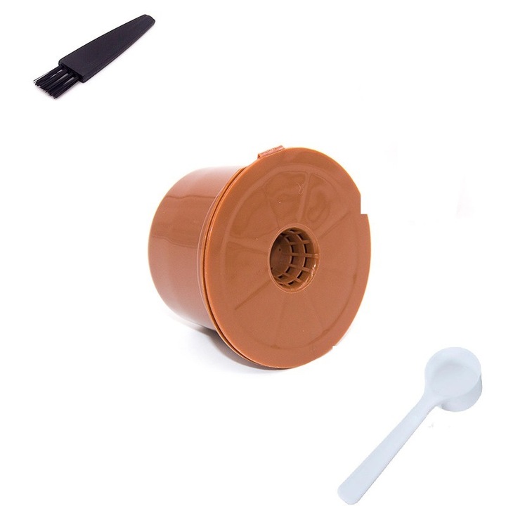 Капсула за кафе, съвместима с Caffitaly, ново поколение, за многократно пълнене/перене, пластмаса, кафяв цвят, с четка и лъжица