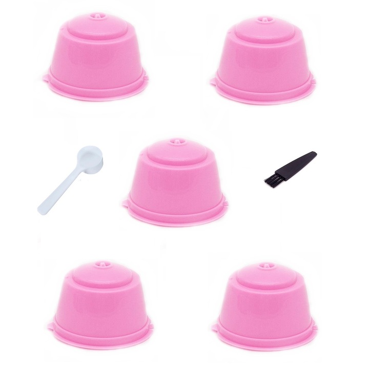 Комплект от 5 капсули за кафе, за многократна употреба, за многократно пълнене, съвместими с Dolce Gusto, розови, с четка и лъжица