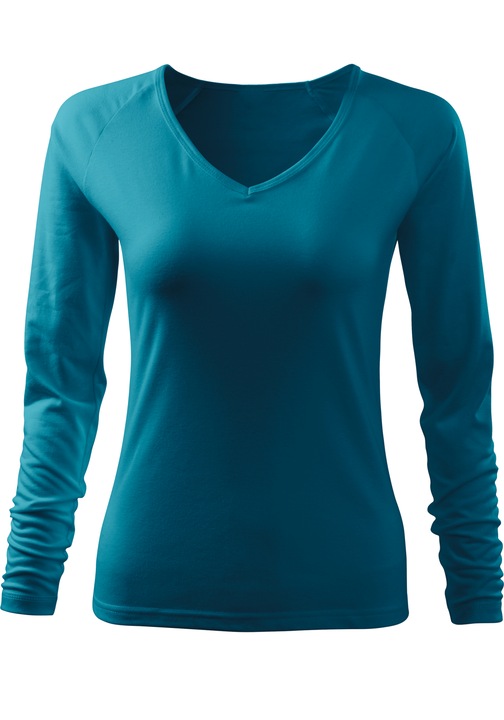Bluza pentru femei, maneca lunga, V-Neck, 95% Bumbac, Turcoaz