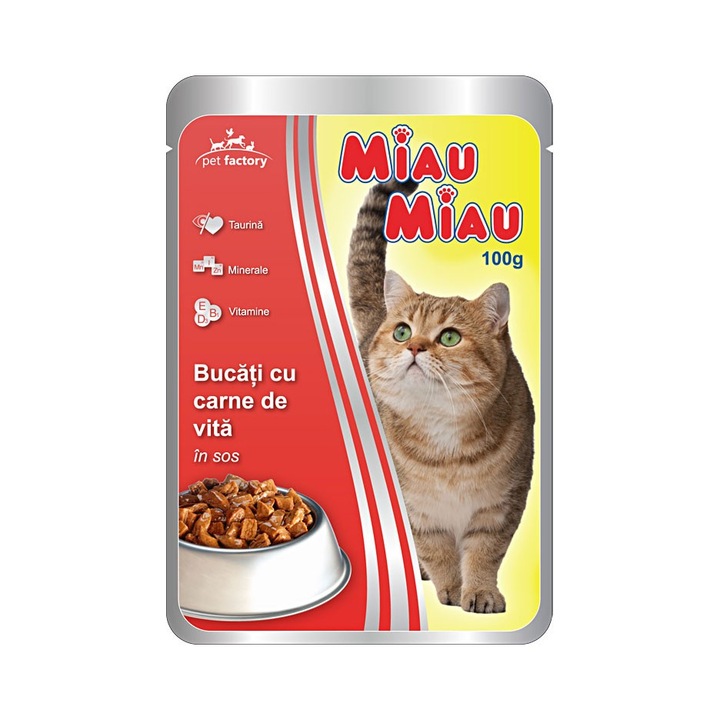 Nedves táp sterilizált macskáknak, Miau Miau, felnőtteknek, marha ízzel, mennyiség 100g