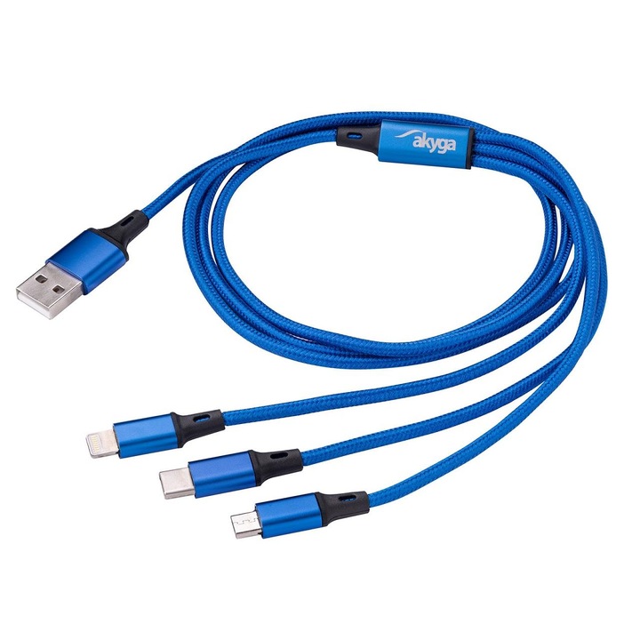 Захранващ кабел, Akyga, AK-USB-27, USB A към micro USB B/USB C/Lightning, 1,2 м, син/черен