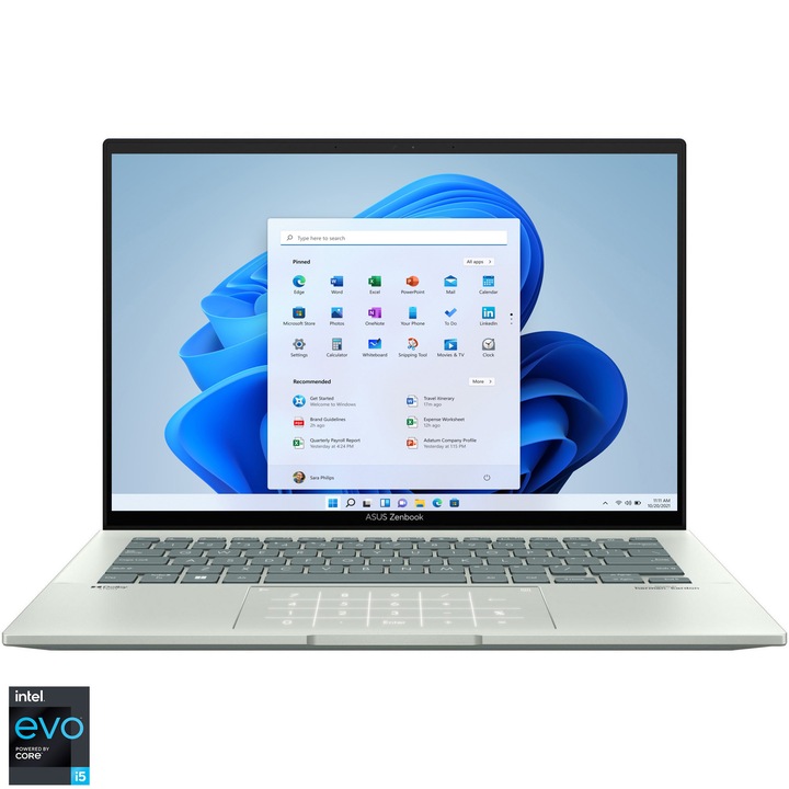 Лаптоп ASUS ZenBook UX3402ZA-KP540W, Intel® Core™ i5-1240P, 14" WQXGA, 16GB, 1TB SSD, Intel® Iris® Xᵉ Graphics, Windows 11 Home, Aqua Celadon