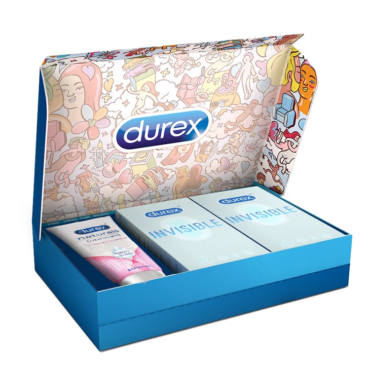 Комплект Durex дискретна кутия: Лубрикант Naturals Extra Sensitive, 100 мл + 2 x Презервативи Invisible, 10 броя