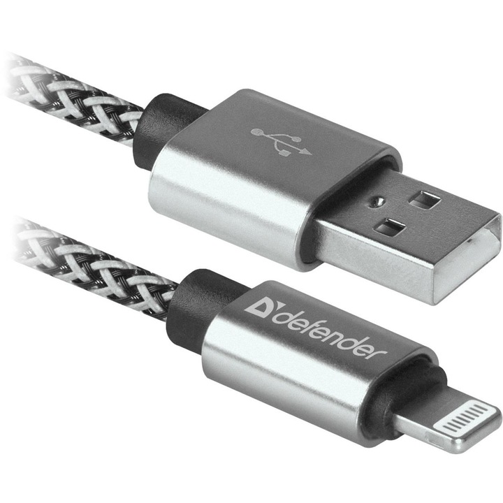 Adat- és tápkábel kompatibilis: Apple, Defender, USB-Lighting, 2.1A, 1m, fehér/fekete