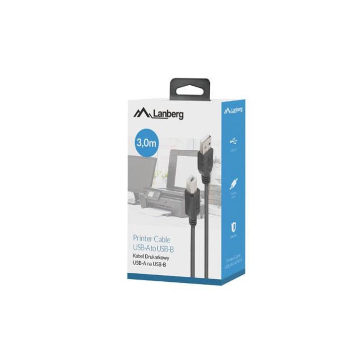 Cablu transfer date si incarcare imprimanta, Lanberg, USB 2.0 A la USB 2.0 B, 3m, Negru