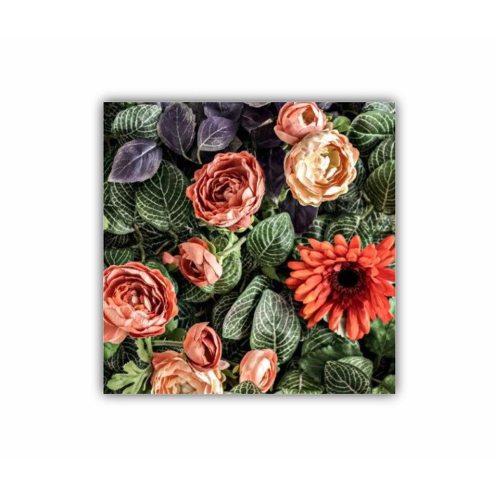 Tablou Canvas, 1 piesa, Crizanteme bujori trandafiri 0295, Tipar UV pe panza PREMIUM din BUMBAC (400 g.mp) si intins pe sasiu din lemn, Profil 2X3.6cm, 100X100 cm