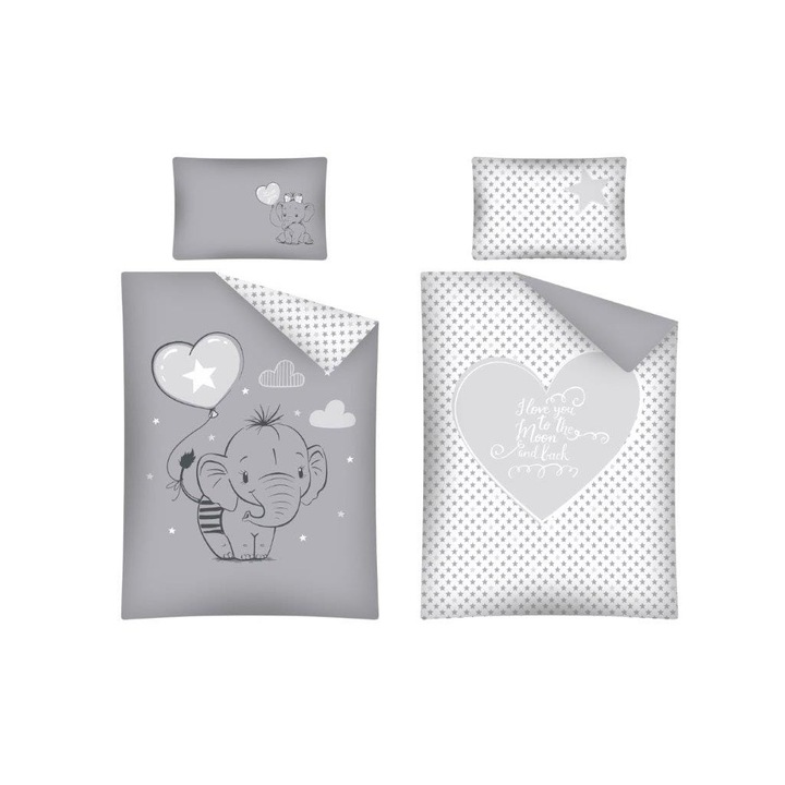 Lenjerie de pat copii reversibila Elephant 2930B , Detexpol, Bumbac, 90x120 cm, Multicolor