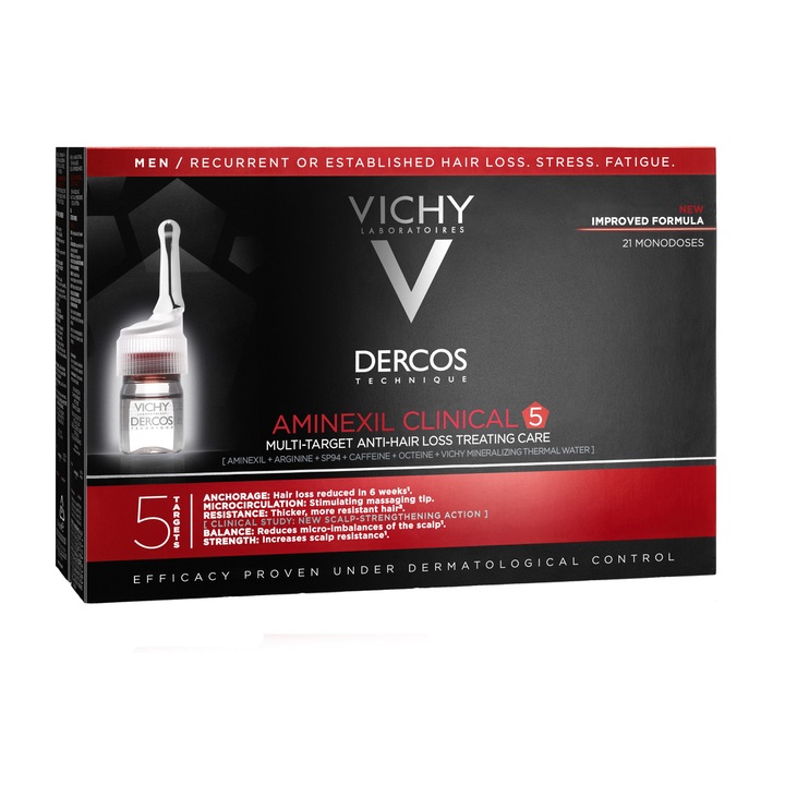 Tratament fiole Vichy Aminexil Clinical 5 impotriva caderii parului, barbati, 21 x 6 ml