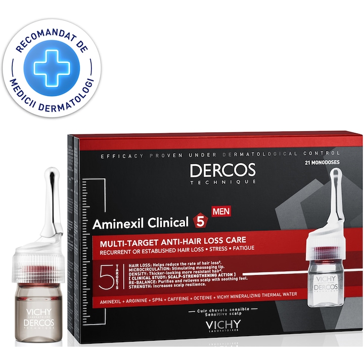 Tratament fiole Vichy Aminexil Clinical 5 impotriva caderii parului, barbati, 21 x 6 ml