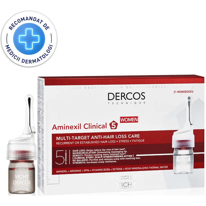 Tratament fiole Vichy Aminexil Clinical 5 impotriva caderii parului, femei, 21 x 6 ml