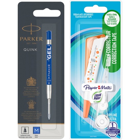 Комплект гел пълнител за химикалка Parker QuinkFlow M, Син + Коригираща ...