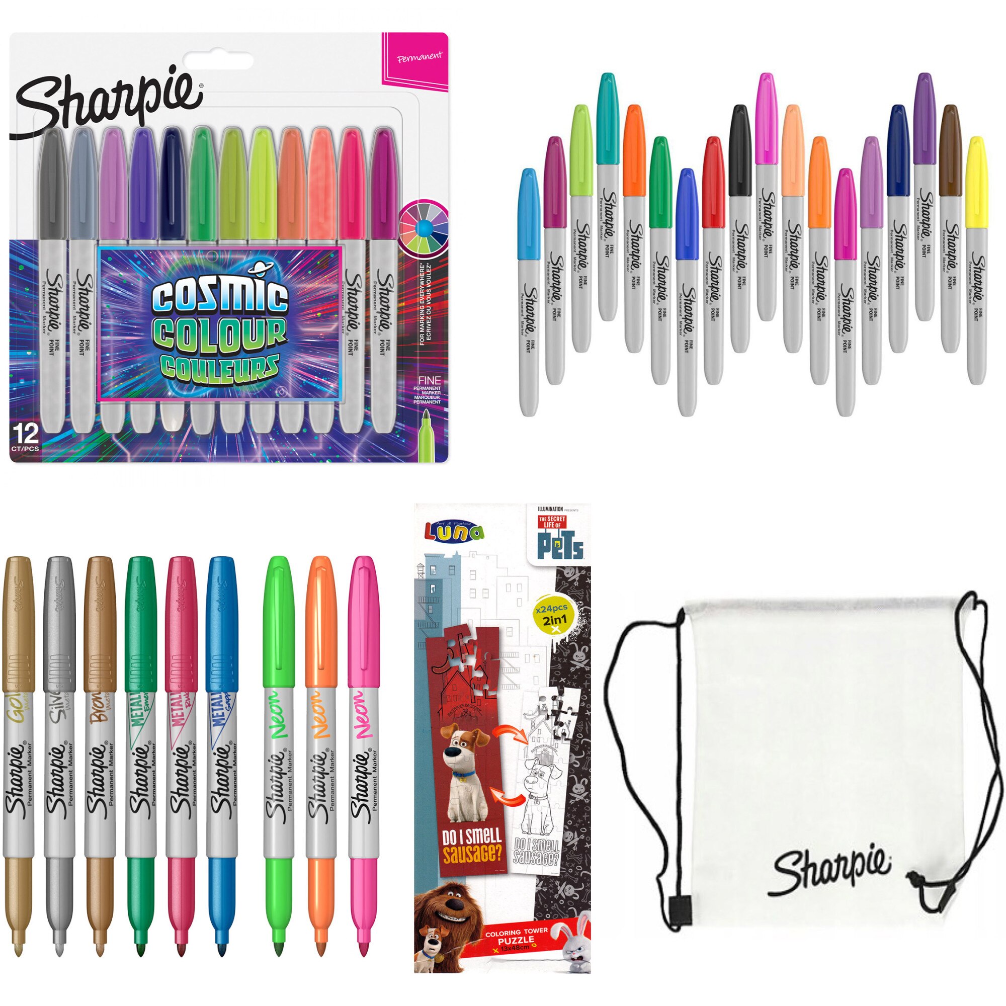 Set 39 buc Sharpie markere permanente 12 cosmic + 18 electric+ 6 metalizate + 3 neon + puzzle de