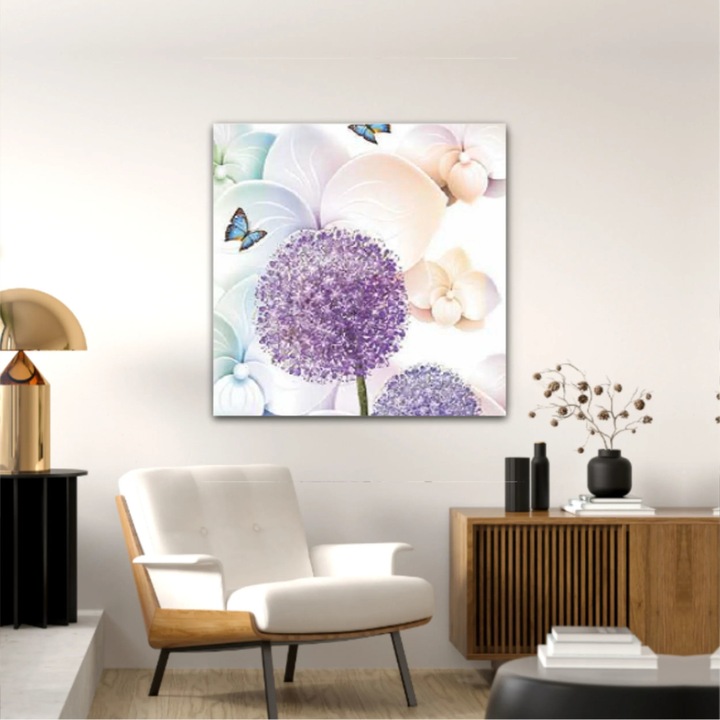 Vászonfestmény, 1 db, gyönyörű pitypang virágok 3D-s illusztrációja 0705, UV-nyomat PREMIUM COTTON vászonra és fa keretre feszítve, 80X80 cm