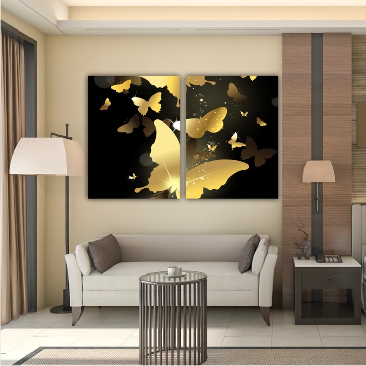 2 db Multicanvas festményből álló készlet, pillangócsoport 3D-s illusztrációja modern alapon 0751, UV-nyomat PREMIUM COTTON vászonra és fa keretre feszítve, 120X80 cm
