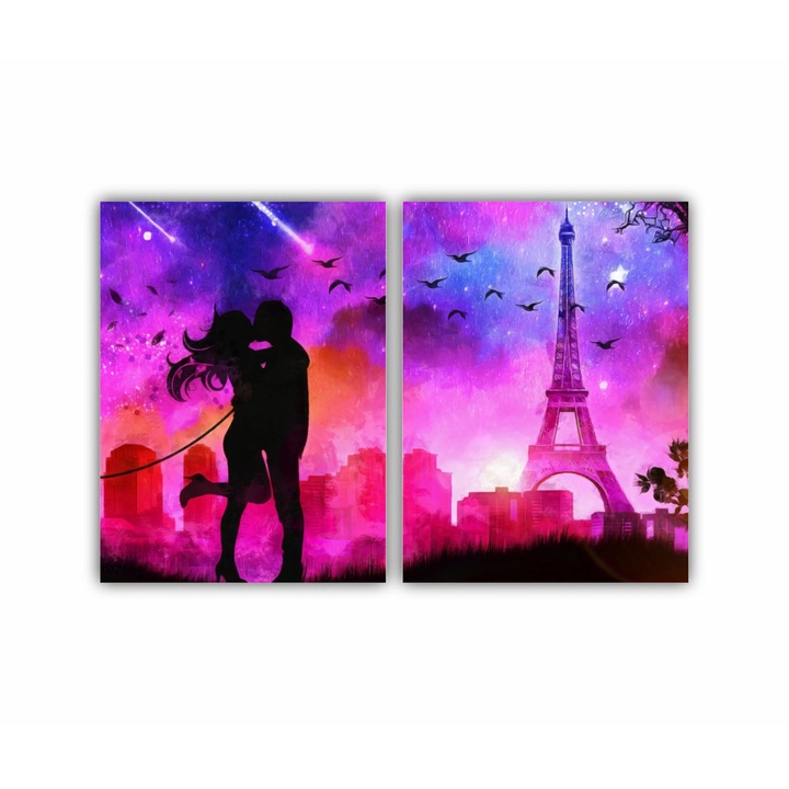 Set 2 Tablouri Multicanvas, Un cuplu minunat care se saruta pe langa Turnul Eiffel 0802, Tipar UV pe panza PREMIUM din BUMBAC si intins pe sasiu din lemn, 120X80 cm