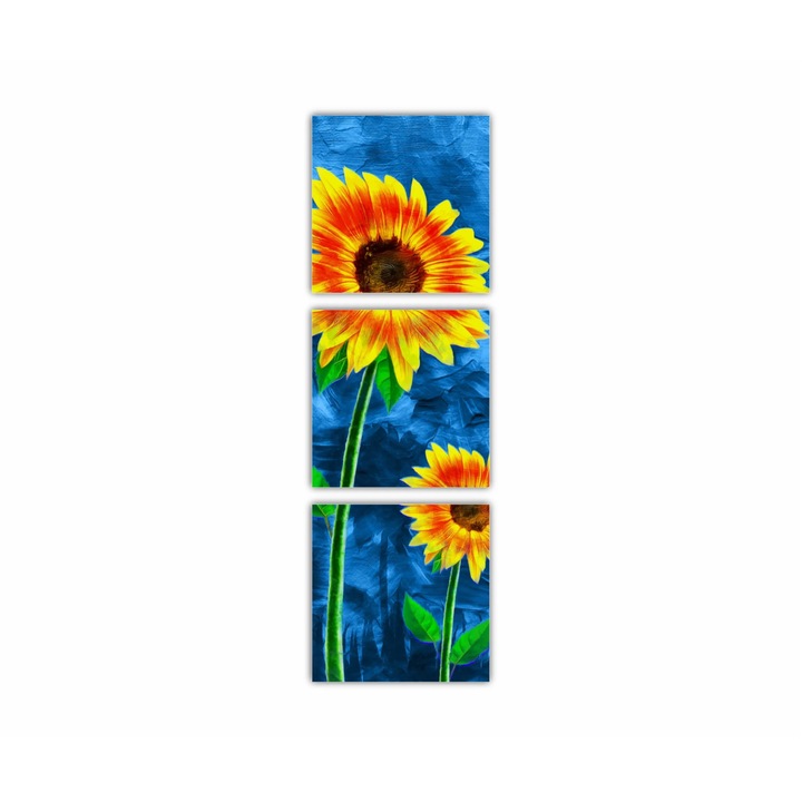 3 db-os Multicanvas festmény készlet, Napraforgó kék absztrakt alapon 0807, UV nyomat PREMIUM COTTON vászonra és fa keretre feszítve, 40X120 cm