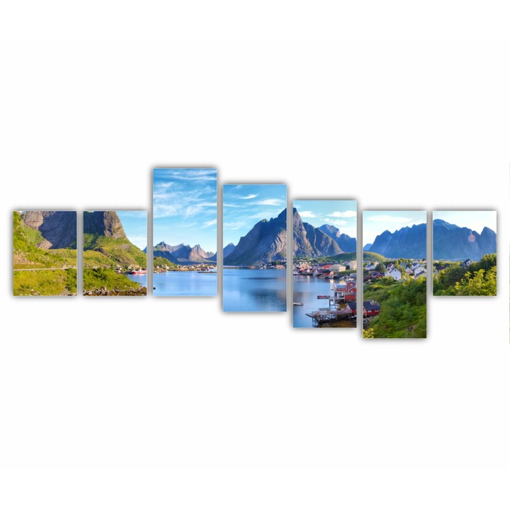 7 db-os Multicanvas festmény készlet, Reine Village a Lofoten-szigetekről 0840, UV-nyomat PREMIUM COTTON vászonra és fakeretre feszítve, 210X80 cm