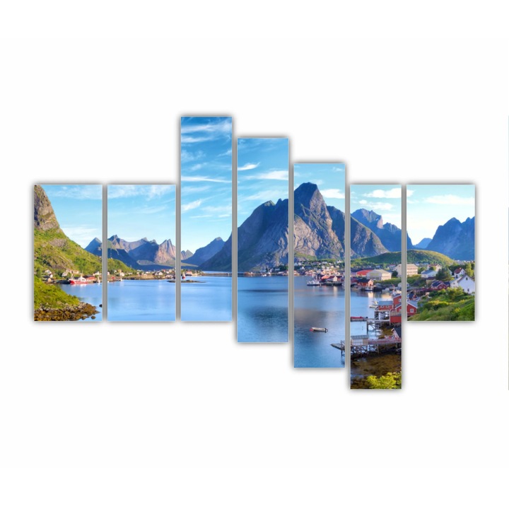 7 db-os multivászon festményből álló készlet, Reine Village a Lofoten-szigetekről 0840, UV-nyomat PREMIUM COTTON vászonra és fa keretre feszítve, 240X160 cm