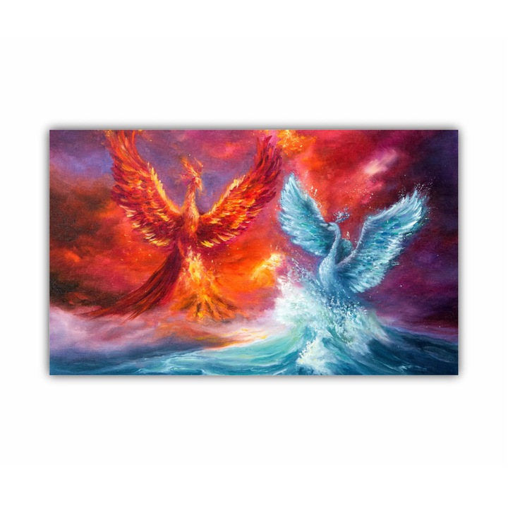Vászonfestmény, 1 db, Főnix és a spirituális hattyú az óceán hullámaiból, Golden sunset 0846, UV nyomat PREMIUM COTTON vászonra és fa keretre feszítve, 100X60 cm