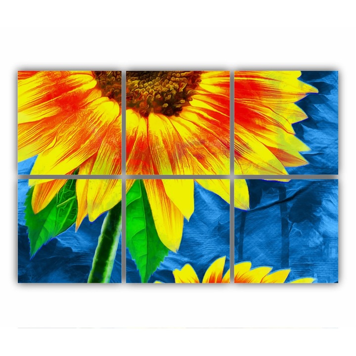 6 db-os Multicanvas festmény készlet, Napraforgó kék absztrakt alapon 0806, UV nyomat PREMIUM COTTON vászonra és fa keretre feszítve, 120X80 cm