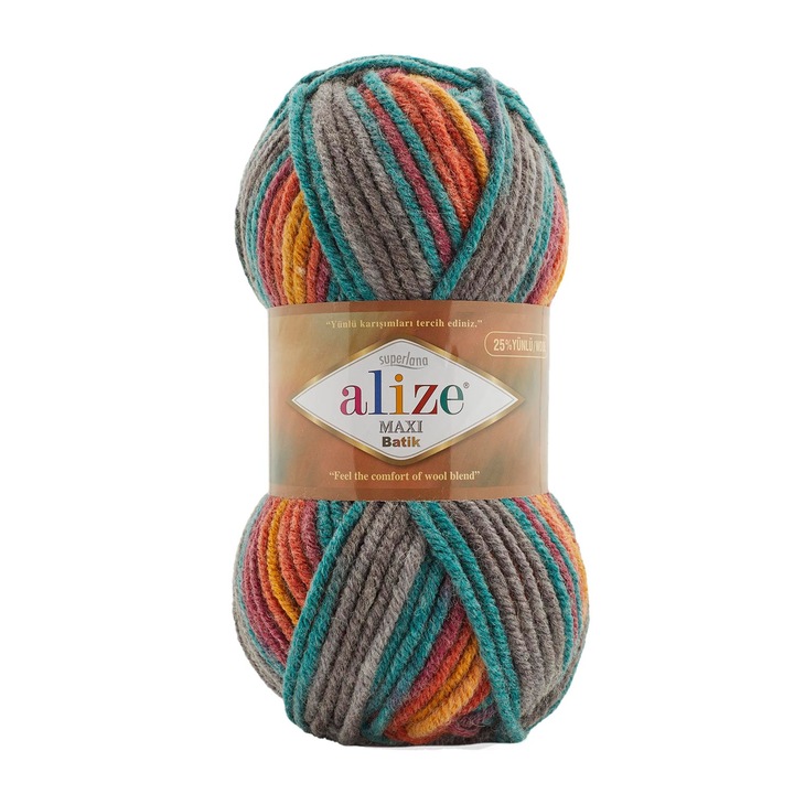 Fir Textil Alize Superlana Maxi Batik 7830, pentru crosetat si tricotat, acril, multicolor, 100 m