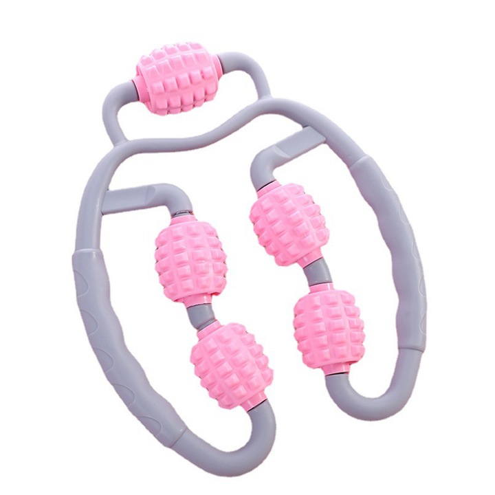 Dispozitiv pentru masaj anticelulitic si relaxare musculara, Cu 5 Role Moi De Silicon, Pentru Brate, Gat, Solduri, Picioare, Roz / Gri
