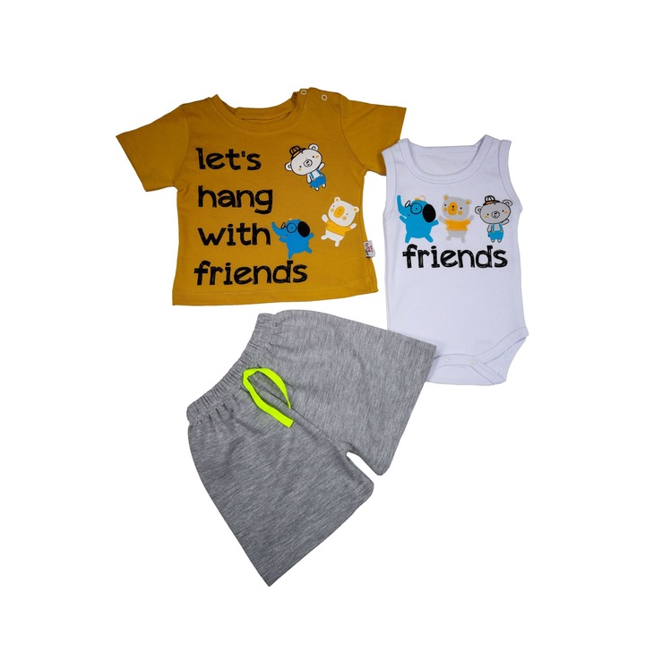 Compleu Bebelusi "Friends" 3 Piese Tricou, Body Maiou Si Pantaloni Scurti 100% Bumbac, Galben mustar