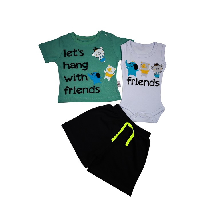 Compleu Bebelusi "Friends" 3 Piese Tricou, Body Maiou Si Pantaloni Scurti 100% Bumbac, Verde menta