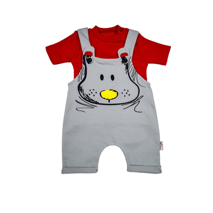 Compleu Bebelusi "Puppy" 2 Piese Salopeta Si Tricou Maneca Scurta 100% Bumbac, Gri