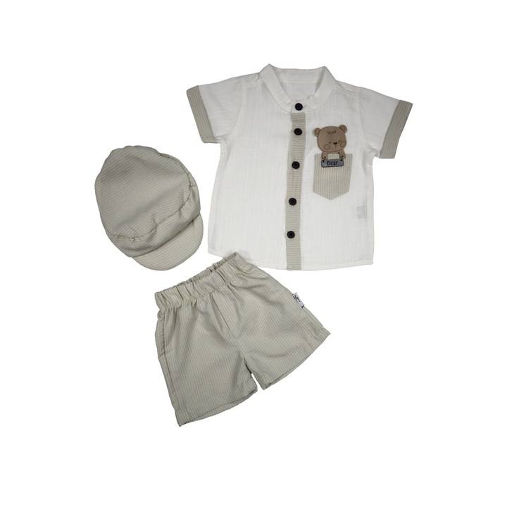 Compleu Elegant Bebelusi 3 PieseCamasa Maneca Scurta,Pantaloni Scurti Si Sapca 100% Bumbac Crem, Crem