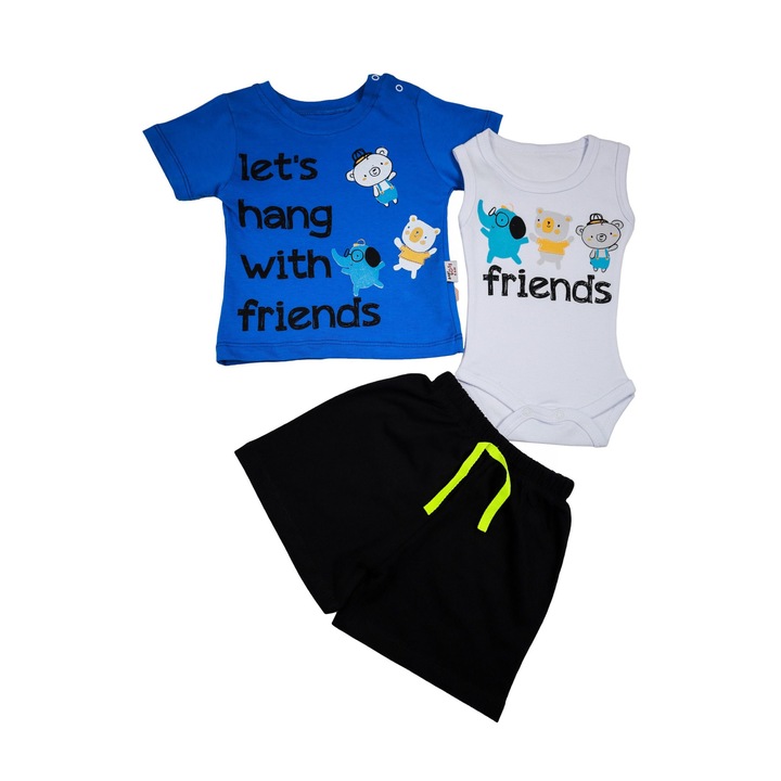 Compleu Bebelusi "Friends" 3 Piese Tricou, Body Maiou Si Pantaloni Scurti 100% Bumbac, Albastru