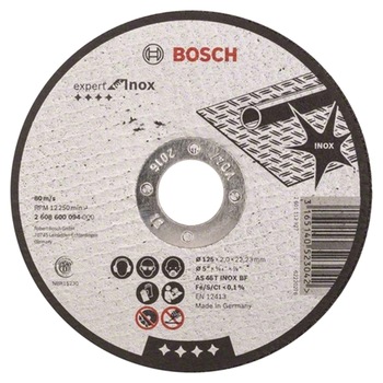 Disc de taiere Bosch Professional Expert pentru inox, AS 46 T INOX BF, 125 x 22,23 x 2 mm Disc de taiere Bosch Professional Expert pentru inox, AS 46 T INOX BF, 125 x 22,23 x 2 mm